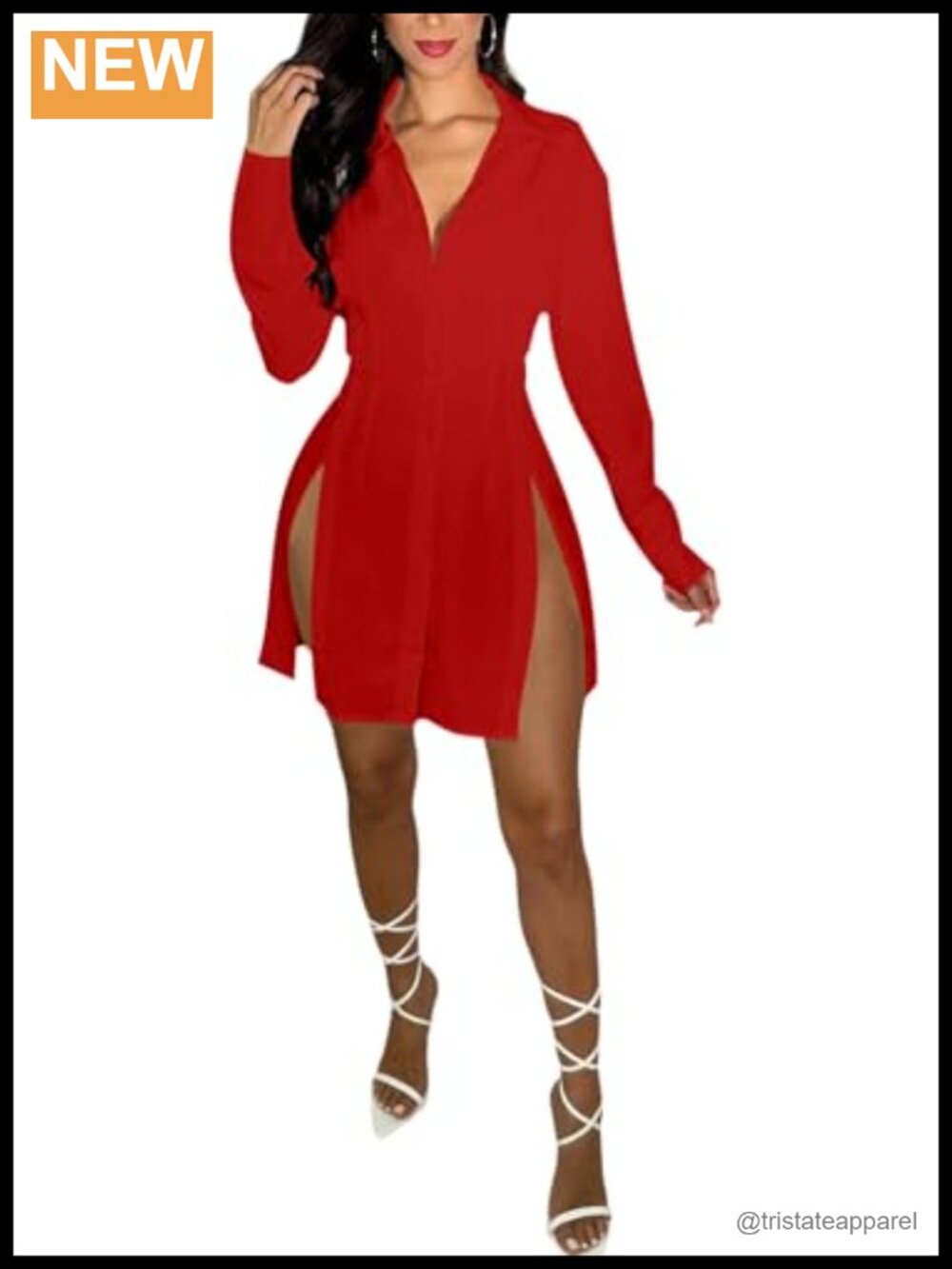 Women's Long Sleeve Collar V Neck Button Down Side Slit Casual Shirt Dress